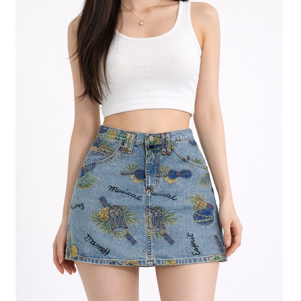 Vintage Y2K Esprit De Corps Hawaii Musical Ukelele Flowers Denim Skirt Size 27